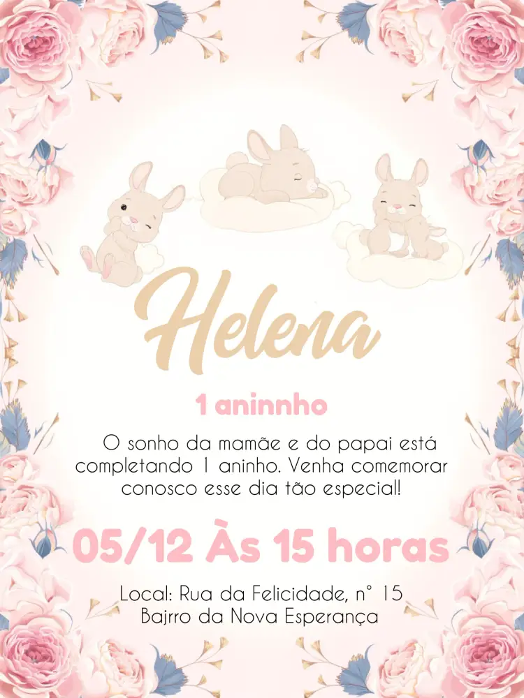 Convite Coelho Floral Aquarela – tema Datas Comemorativas floral, aquarela, pastel, lúdico, infantil