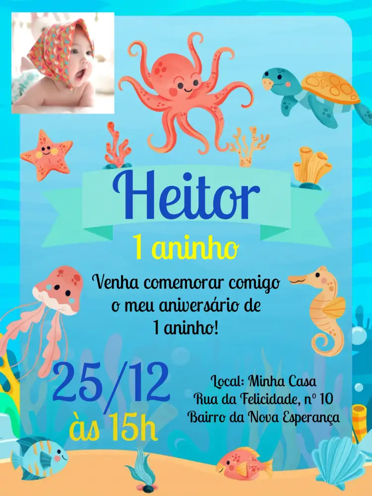 Convite Com Foto Azul – tema Aniversário Infantil marinho, colorido, lúdico, divertido, infantil, temático