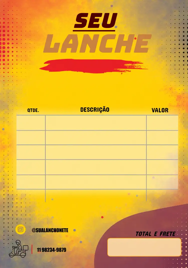 Convite Comanda Para Lanchonete Frete – tema Mais pesquisados moderno, clean, vibrante, divertido, minimalista, gastronômico