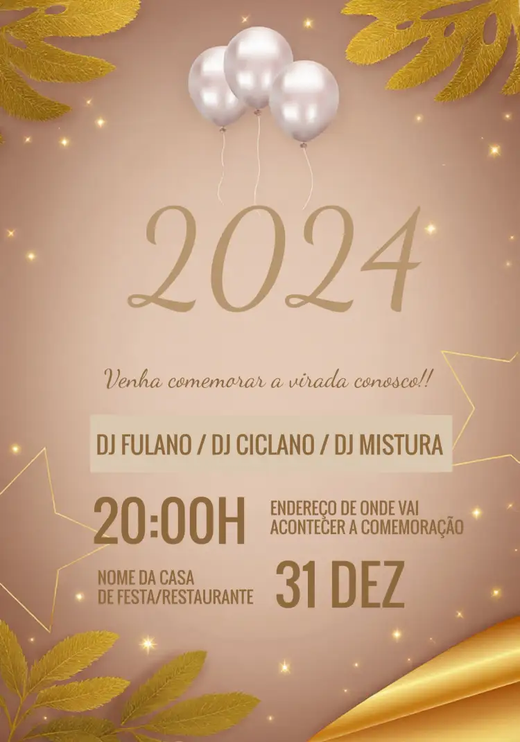 Convite Comemoração Ano Novo Dourado – tema Datas Comemorativas dourado, prata, moderno, festivo, minimalista