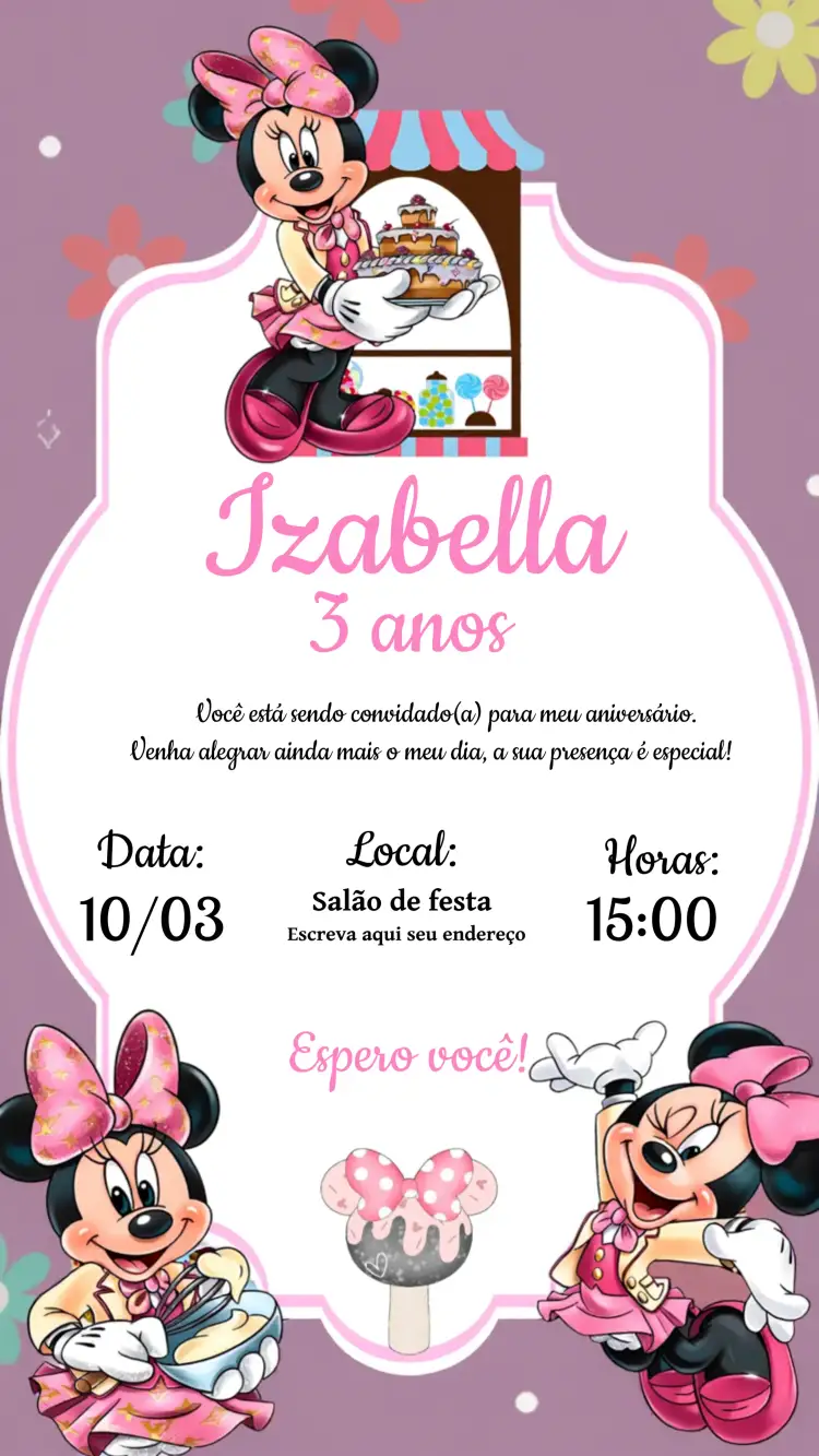 Convite Confeitaria Da Minnie Mouse Rosa – tema Mais pesquisados rosa, aquarela, infantil, temático, divertido, delicado