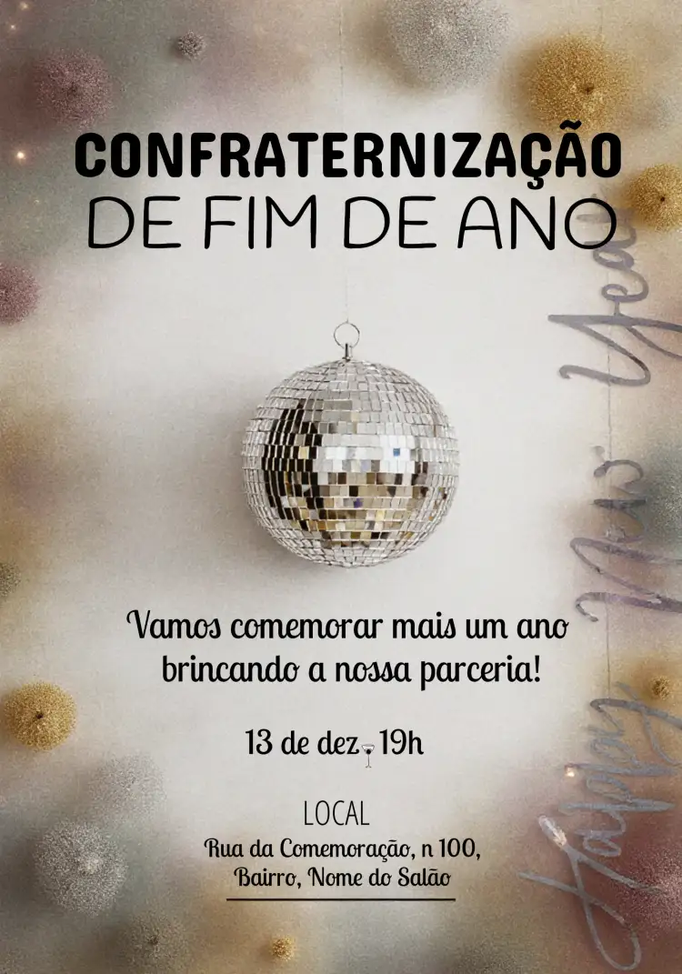 Convite Confraternização Final De Ano Dourado – tema Datas Comemorativas dourado, prata, festivo, elegante, moderno, brilhante