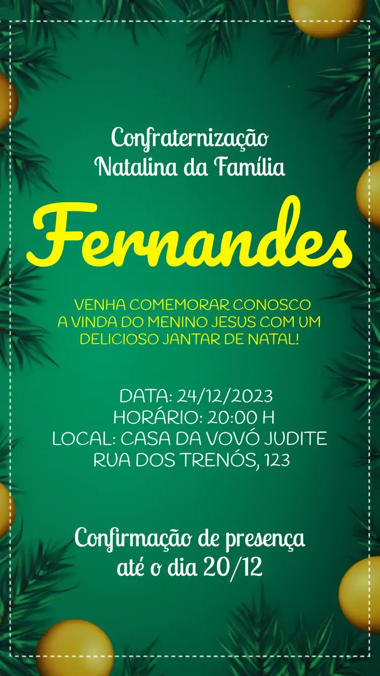 Convite Confraternização Natalina Amarelo – tema Datas Comemorativas amarelo, dourado, verde, natalino, festivo, clássico