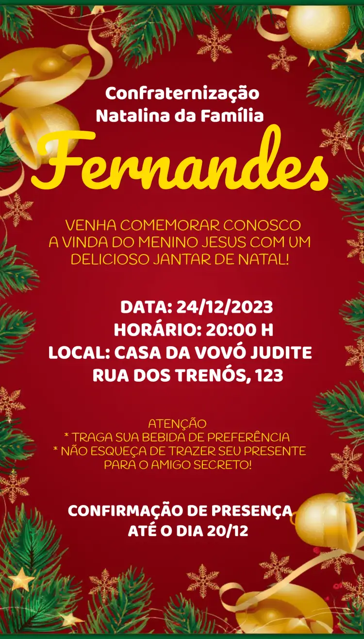Convite Confraternização Natalina Festa – tema Datas Comemorativas vermelho, festivo, natalino, alegre, colorido