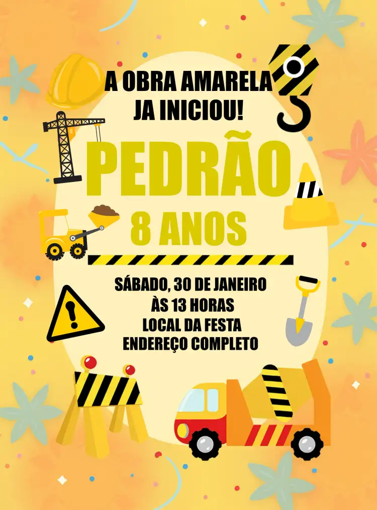 Convite Construção Amarelo – tema Chá Rifa construção, moderno, amarelo e preto, tema infantil, trator, divertido