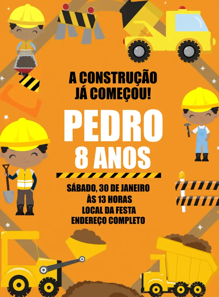 Convite Construção Amarelo – tema Chá Rifa construção, amarelo e preto, elementos gráficos, divertido, infantil, moderno