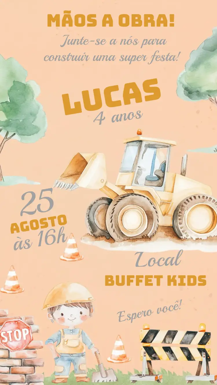 Convite Construção Aquarela Trator – tema Chá Rifa aquarela, construção, infantil, colorido, lúdico