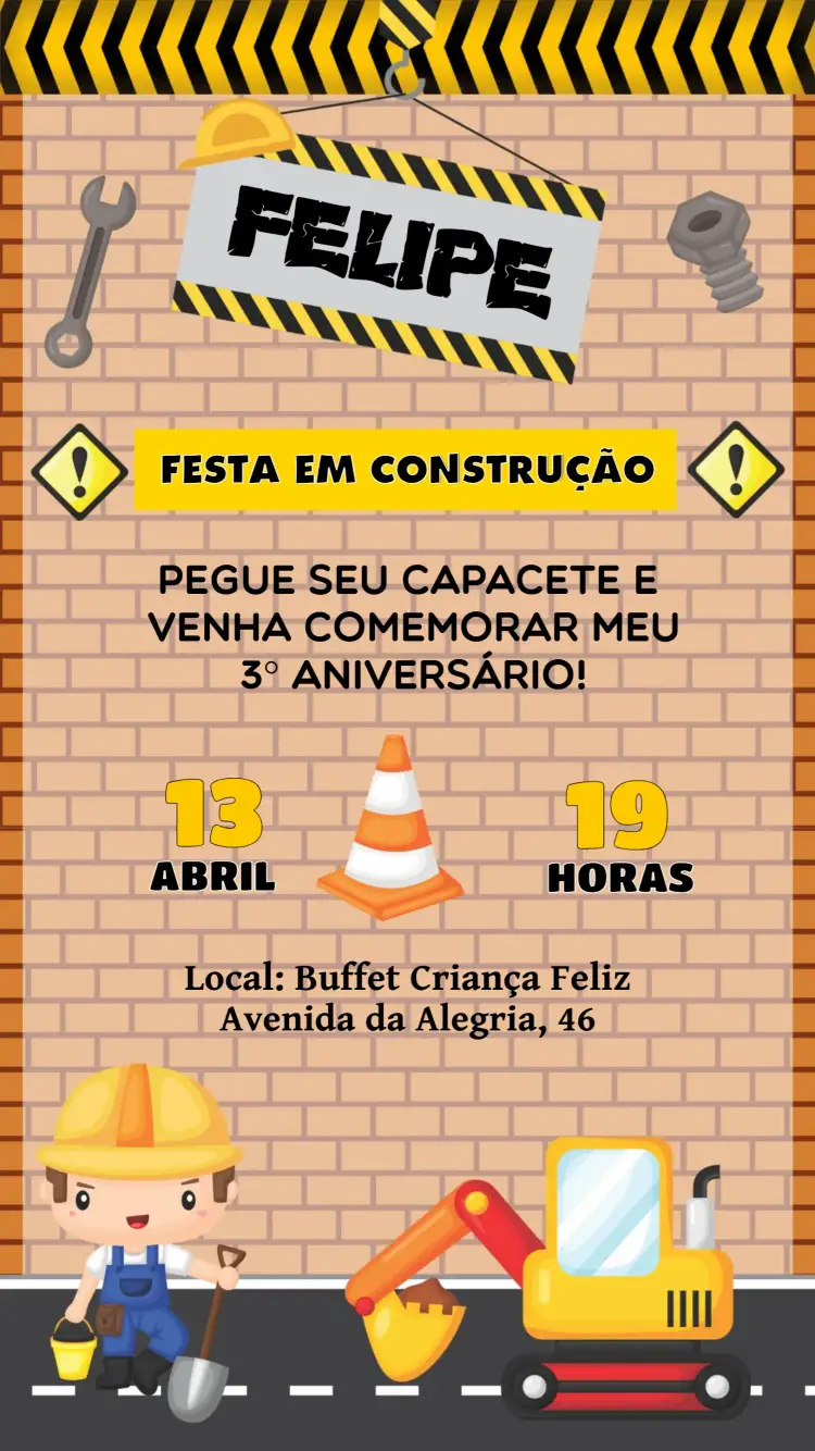 Convite Construção Caçamba – tema Chá Rifa cores vibrantes, elementos de construção, estilo infantil, gráficos lúdicos, design divertido