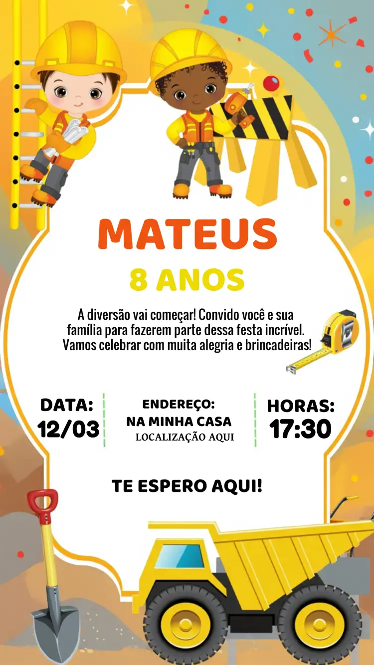 Convite Construção Caçamba – tema Chá Rifa cores vibrantes, elementos gráficos de construção, estilo infantil, tema de obras, design divertido, ilustrações de veículos