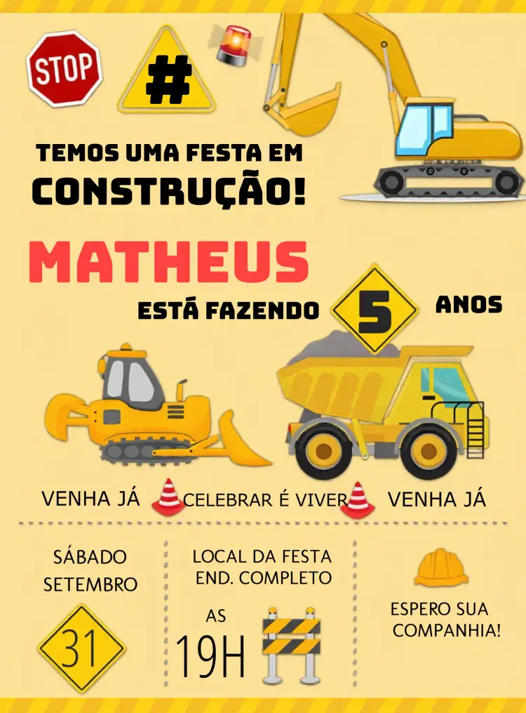 Convite Construção Caminhões – tema Chá Rifa caminhões, construção, cores vibrantes, estilo infantil, elementos gráficos