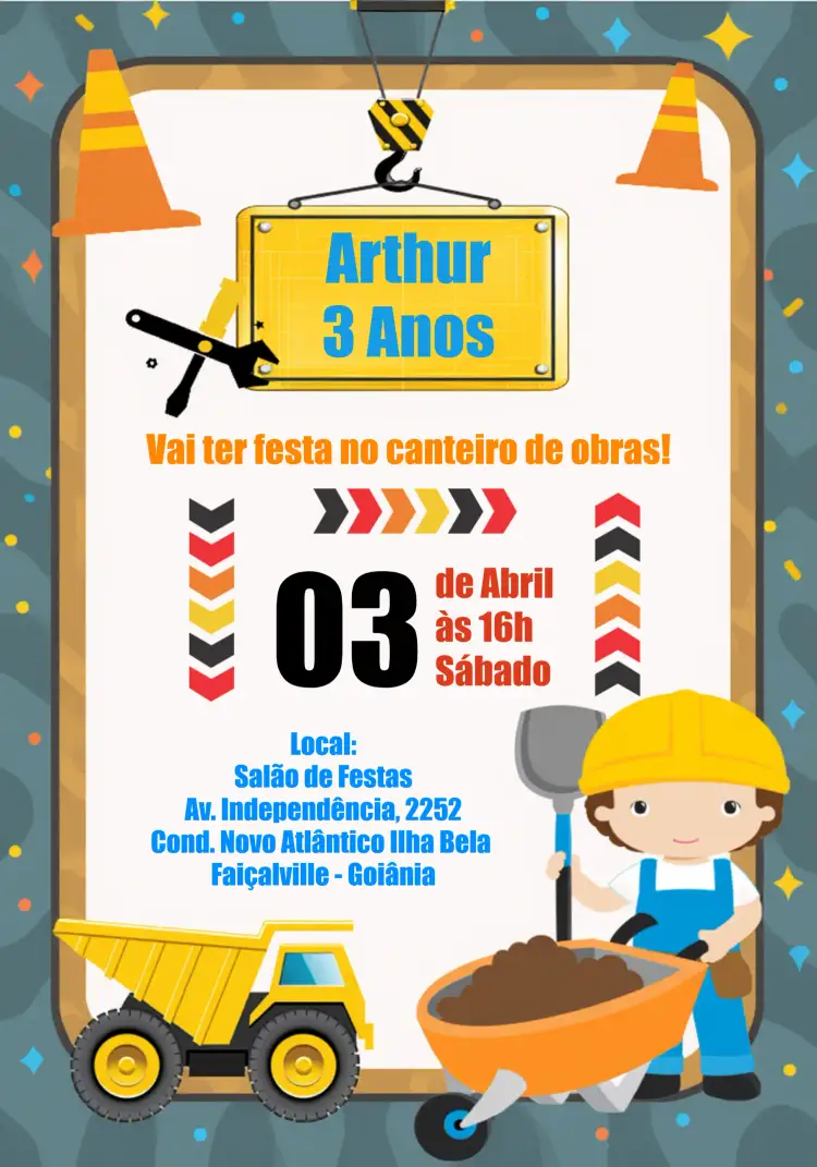 Convite Construção Colorido – tema Chá Rifa colorido, divertido, infantil, construção, moderno