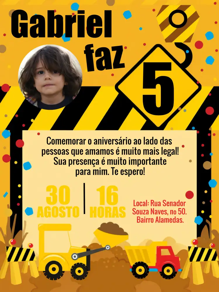 Convite Construção Com Foto Vermelho – tema Chá Rifa vermelho, amarelo, preto, máquinas de construção, infantil, vintage
