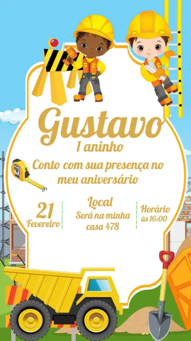 Convite Construção Contrutor – tema Chá Rifa colorido, infantil, construção, lúdico, temático