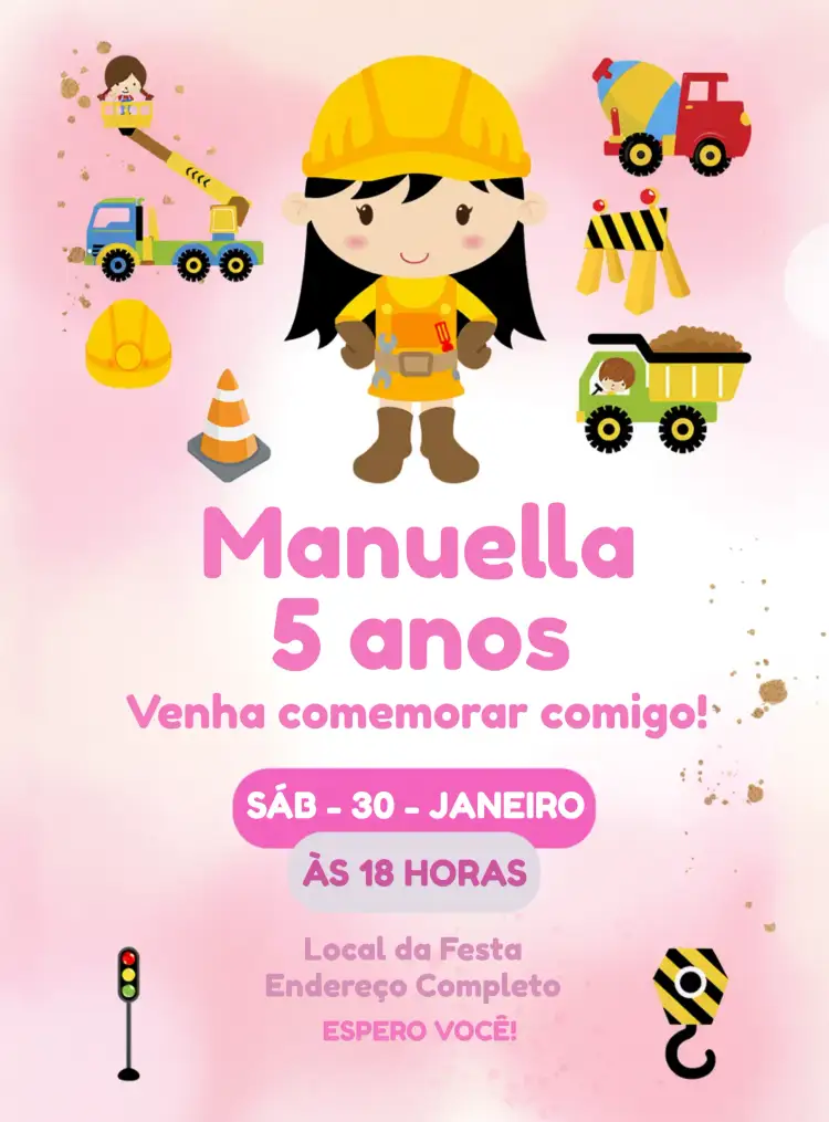 Convite Construção Contrutora – tema Chá Rifa rosa, branco, construção, feminino, moderno