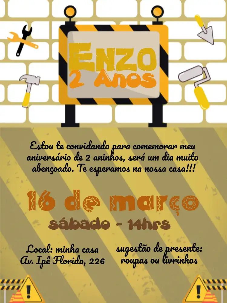 Convite Construção Festa – tema Chá Rifa construção, colorido, infantil, divertido, temático