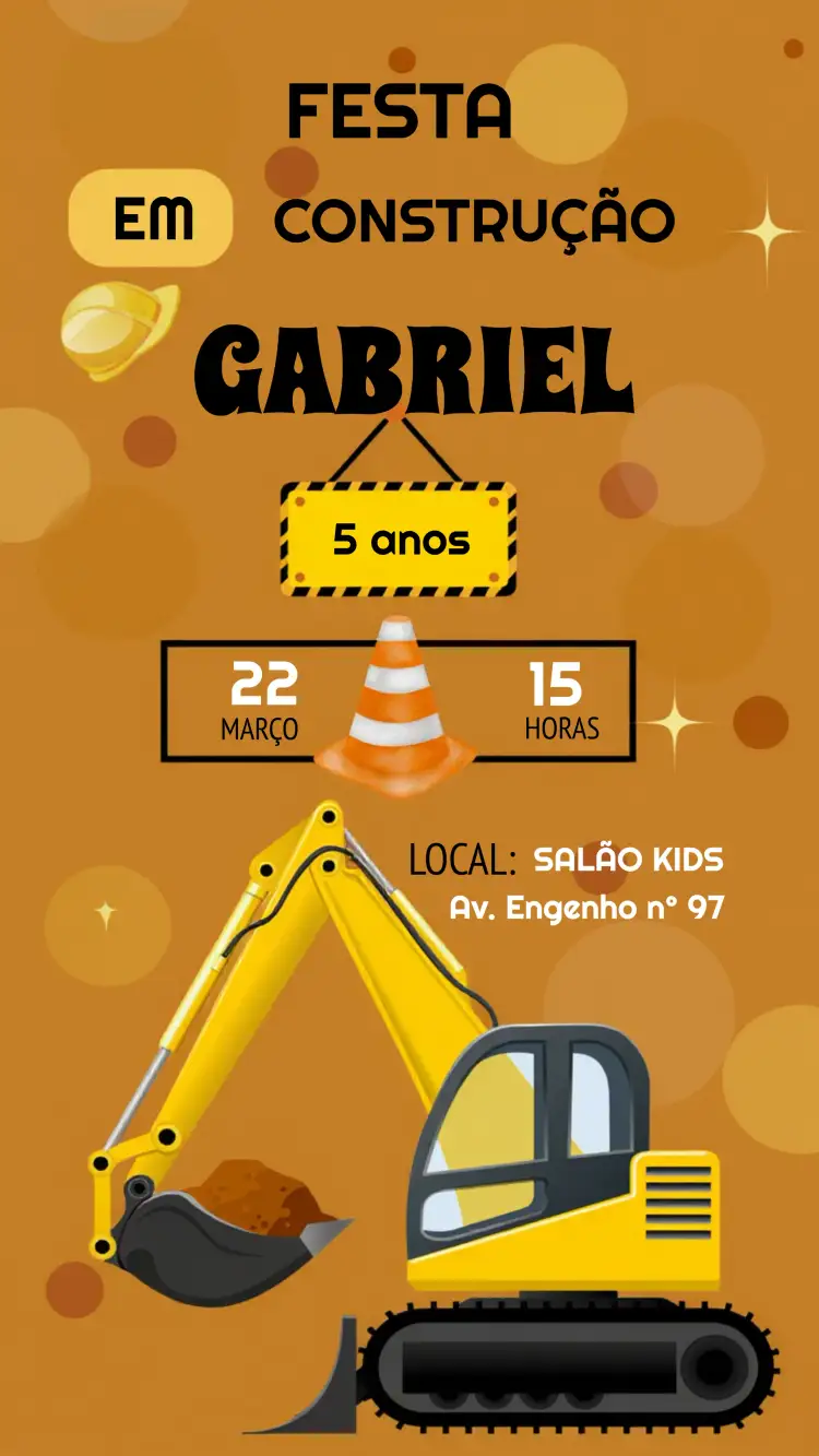 Convite Construção Infantil – tema Chá Rifa construção, infantil, amarelo, divertido, lúdico, temático