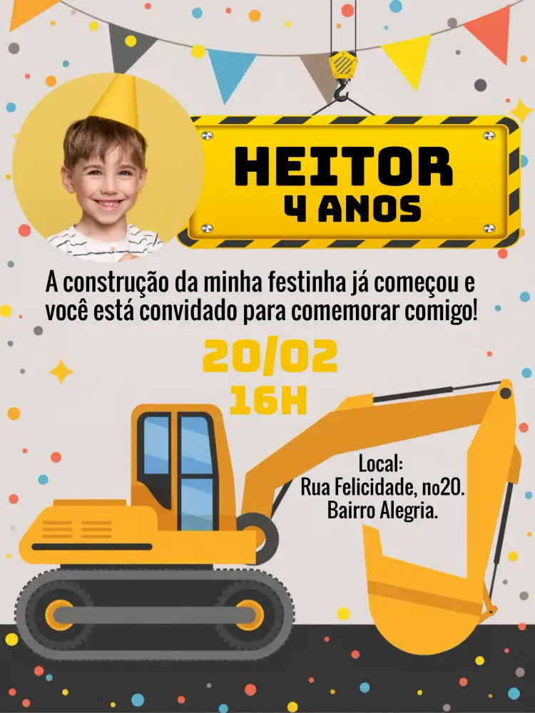Convite Construção Máquina Com Foto Branco – tema Chá Rifa moderno, industrial, vibrante, minimalista, construtivo, dinâmico
