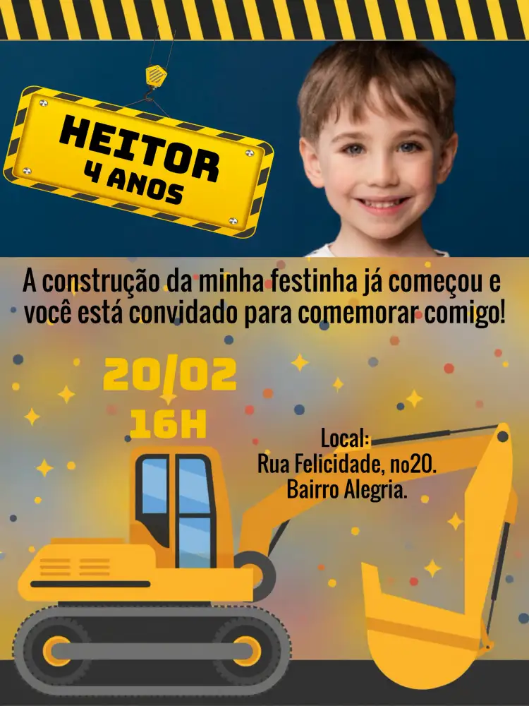 Convite Construção Máquina Com Foto Caminhao – tema Chá Rifa construção, moderno, colorido, temático, industrial, divertido