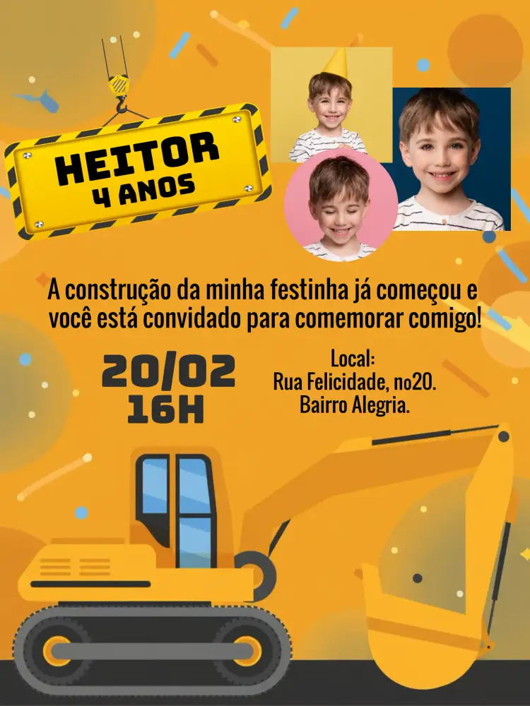 Convite Construção Máquina Com Foto Construcao – tema Chá Rifa moderno, industrial, vibrante, gráfico, temático