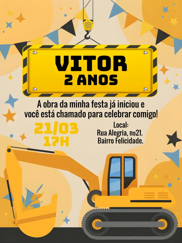 Convite Construção Máquinas Branco – tema Chá Rifa construção, máquinas, moderno, colorido, infantil, temático