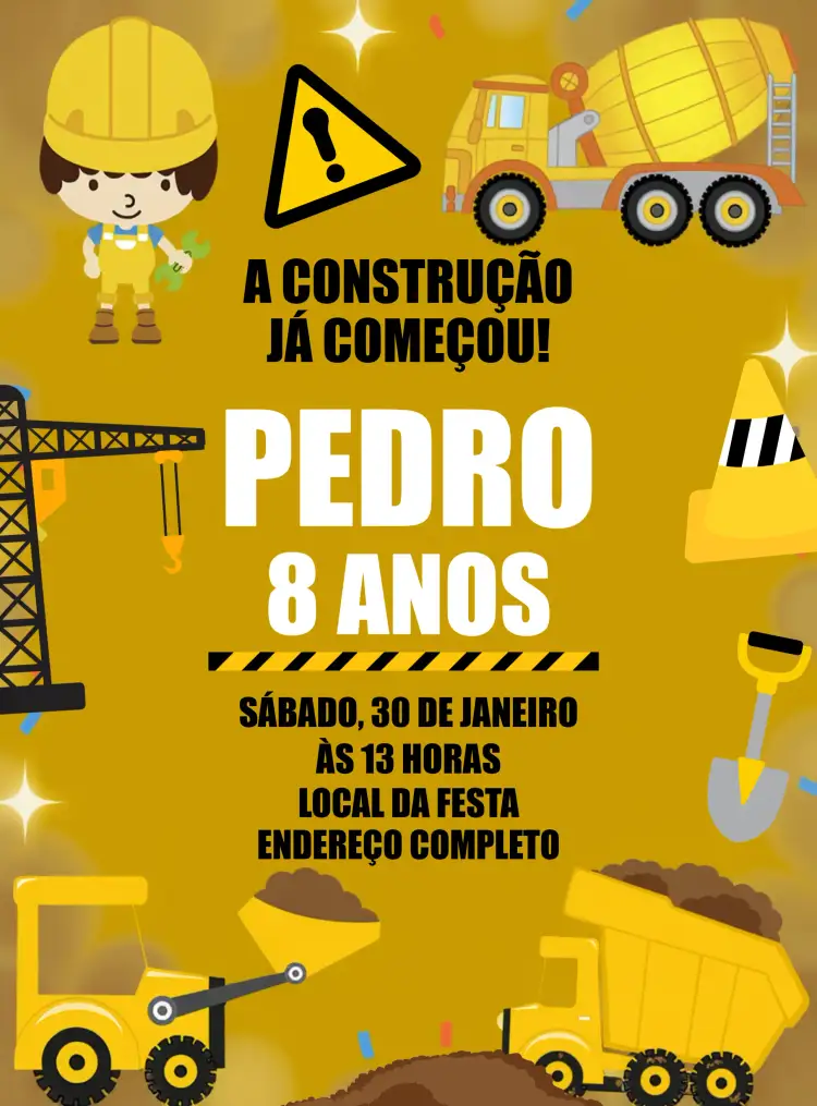 Convite Construção Menino – tema Chá Rifa construção, moderno, infantil, colorido, temático