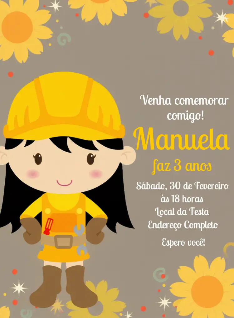 Convite Construção Obra – tema Chá Rifa cores vibrantes, estilo moderno, elementos gráficos de construção, design divertido, inspirado em obras, detalhes lúdicos