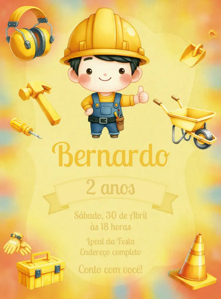 Convite Construção Pá – tema Chá Rifa construção, amarelo vibrante, elementos gráficos, divertido, temático, moderno