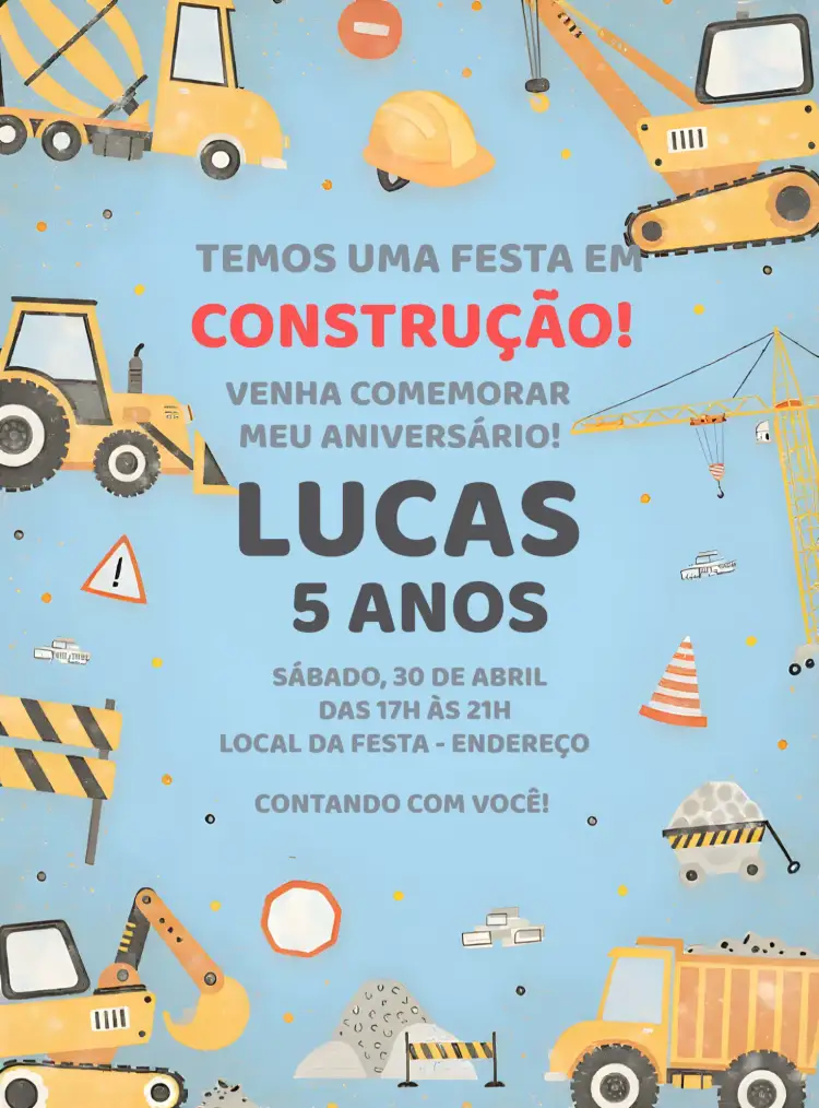 Convite Construção Pedras – tema Chá Rifa cores vibrantes, estilo divertido, elementos gráficos de construção, tema infantil, design moderno