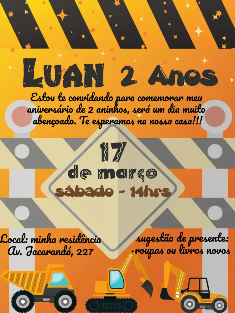 Convite Construção Preto – tema Chá Rifa construção, colorido, divertido, temático, infantil
