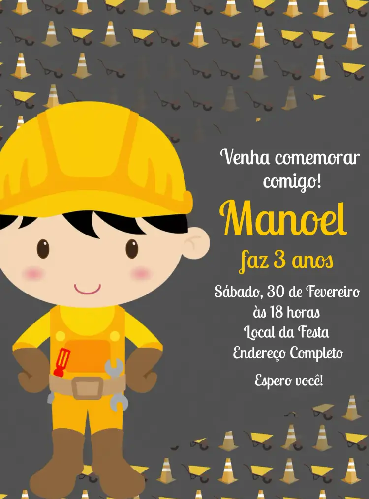 Convite Construção Profissões – tema Chá Rifa colorido, moderno, divertido, temático, estilo infantil