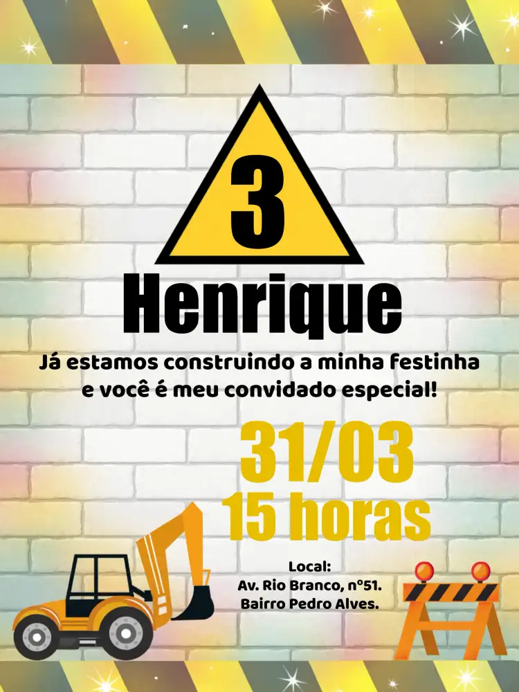Convite Construção Reforma – tema Chá Rifa construção, industrial, moderno, colorido, divertido, temático