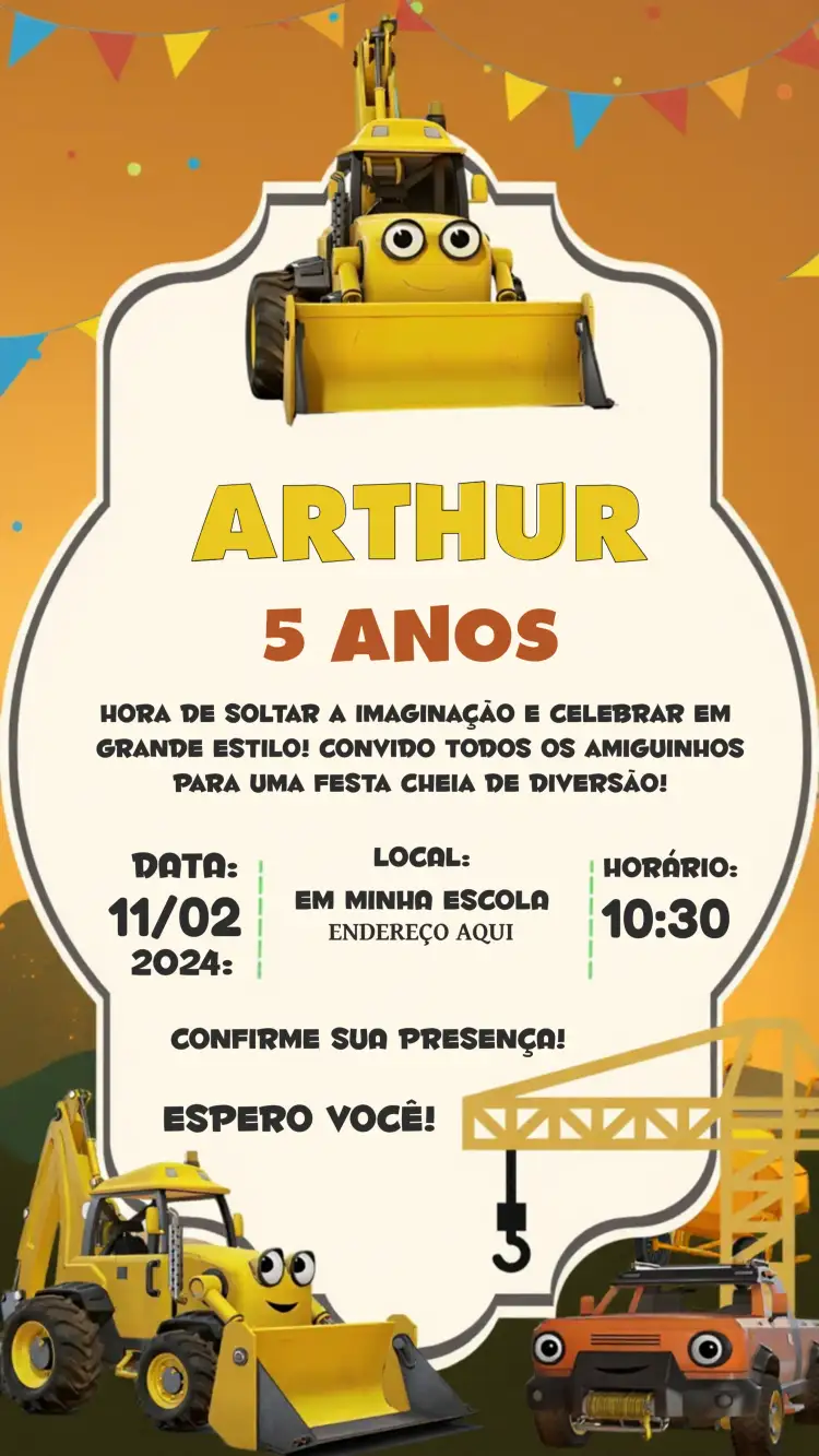 Convite Construção Trator – tema Chá Rifa temática de construção, ilustrações de tratores, cores vibrantes, estilo divertido, elementos gráficos de festa, design alegre e animado
