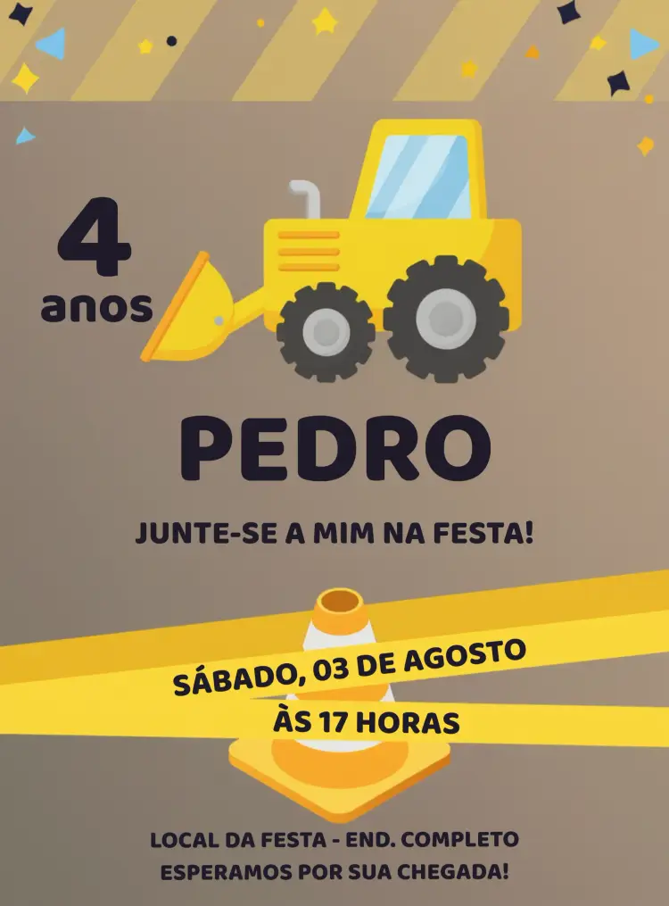 Convite Construção Trator Escavadeira Caminhão