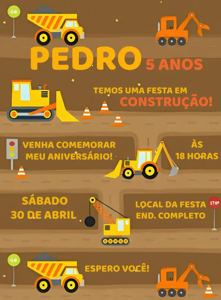 Convite Construção Trator Motorista – tema Chá Rifa cores vibrantes, tema construção, elementos gráficos, estilo divertido, design moderno