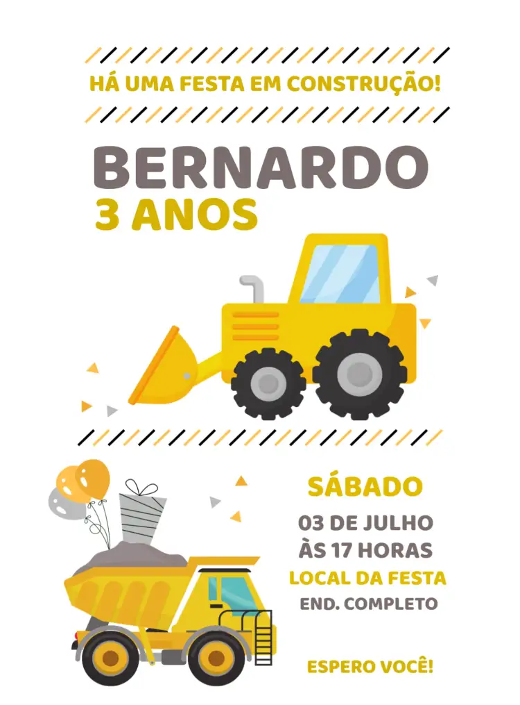 Convite Construção Trator Obras – tema Chá Rifa construção, infantil, brinquedos, cores vibrantes, temática divertida, elementos gráficos de obras