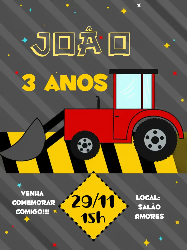 Convite Construção Trator Vermelho – tema Chá Rifa construção, vibrante, colorido, infantil, divertido, temático