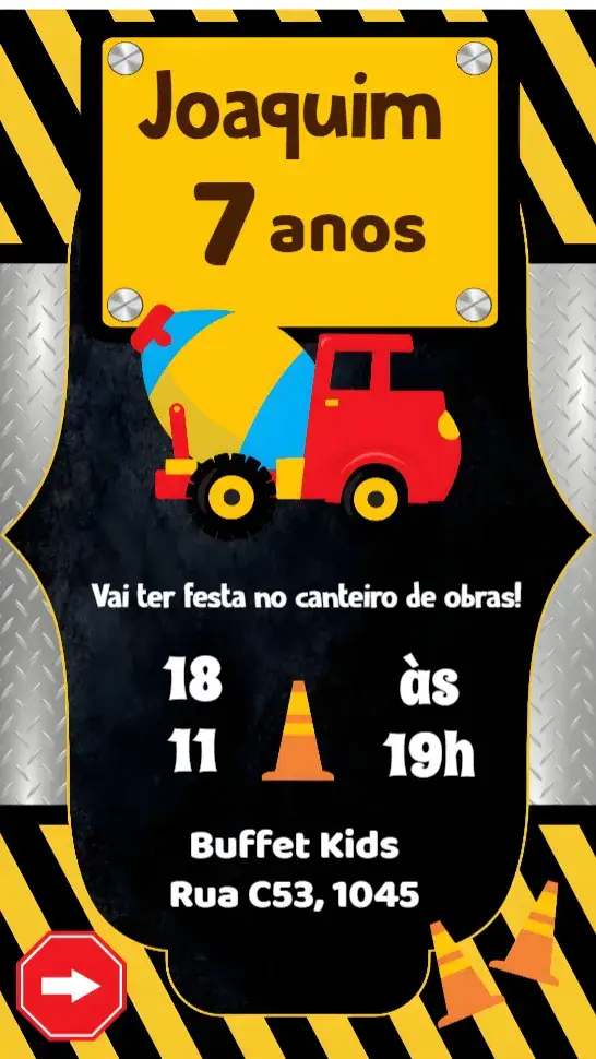 Convite Construtor – tema Aniversário Infantil cores vibrantes, estilo lúdico, elementos de construção, design moderno, ilustrações divertidas, tema de obras
