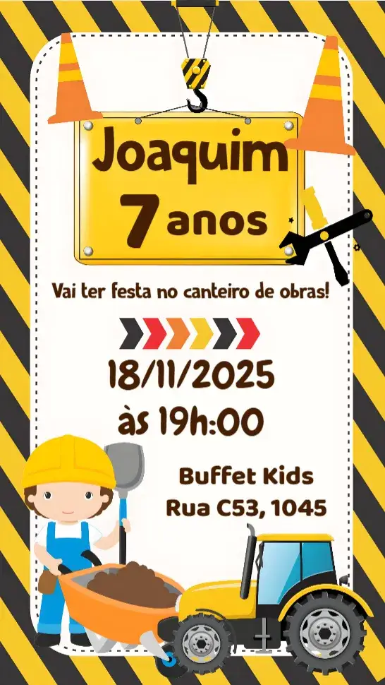 Convite Construtor – tema Aniversário Infantil cores vibrantes, elementos de construção, estilo divertido, design lúdico, ilustrações de ferramentas