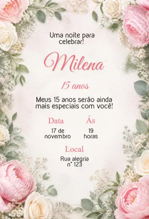 Convite Convite 15 Anos Feminino – tema 15 anos floral, dourado, moderno, vintage, romântico