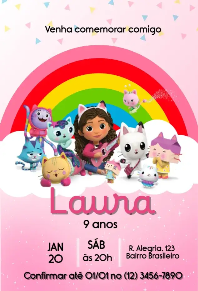 Invitación Invitación La Casa Mágica de Gabby Rosa – tema Cumpleaños Infantil rosa, mágico, divertido, colorido, fantasía, infantil