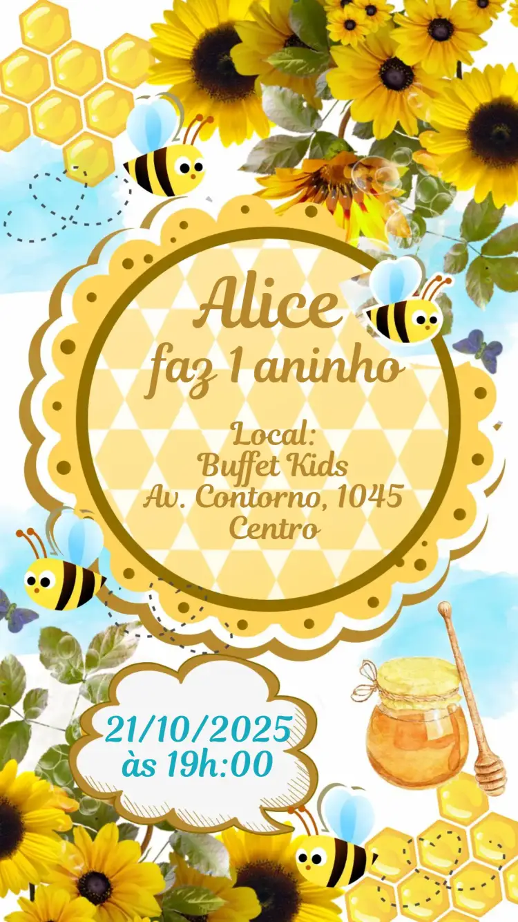 Convite Convite Abelhinha e Girassol – tema Aniversário Infantil colorido, lúdico, natural, divertido, veranil, alegre