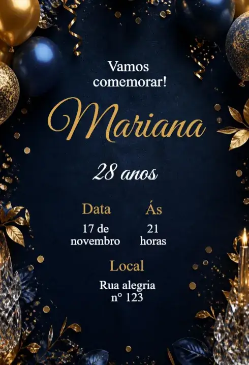 Convite Convite Adulto – tema Aniversário moderno, elegante, sóbrio, minimalista, vintage
