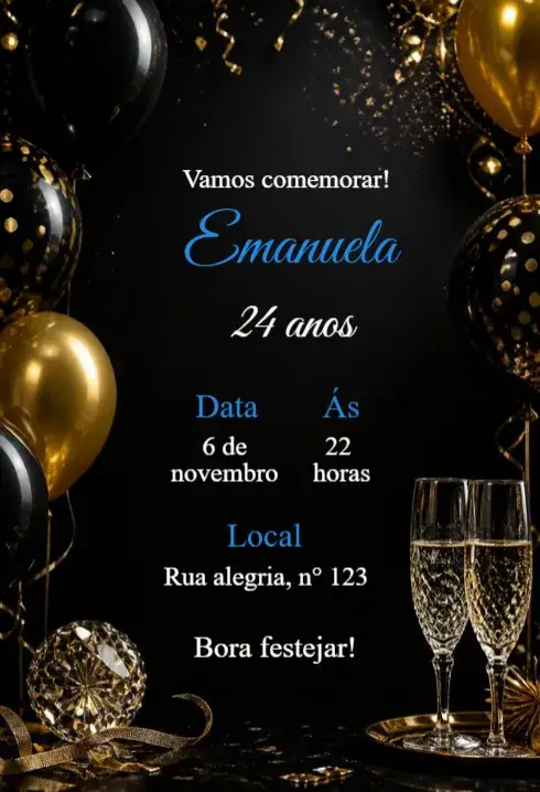Invitación Convite Adulto – tema Aniversário moderno, minimalista, elegante, vintage, dourado