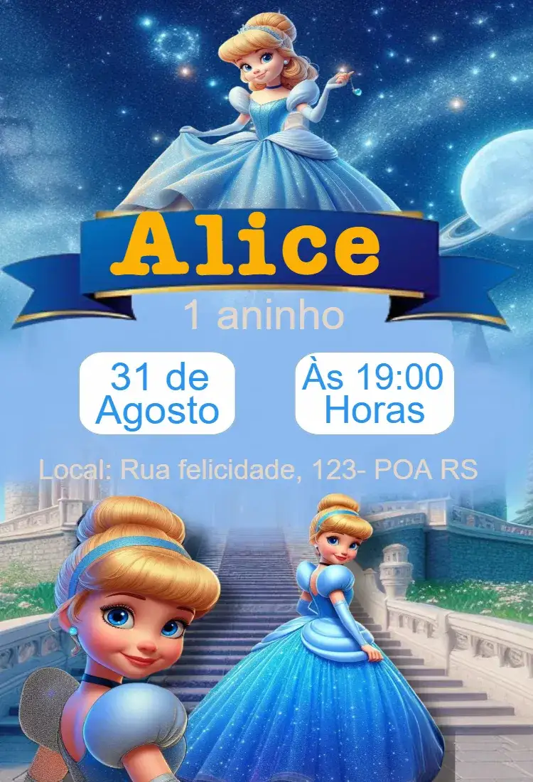 Convite Convite Cinderela – tema Aniversário Infantil azul, princesa, conto de fadas, infantil, encantado