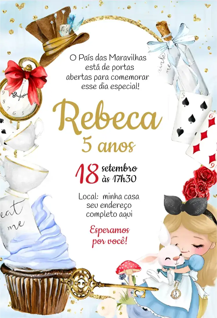 Convite Convite Alice no País das Maravilhas – tema Aniversário colorido, fantasia, vintage, ilustração, lúdico, mágico