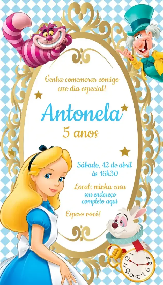 Convite Convite Alice no País das Maravilhas – tema Aniversário colorido, fantástico, ilustrações de contos, vintage, lúdico