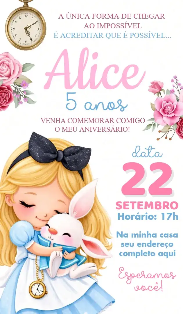 Convite Convite Alice no País das Maravilhas – tema Aniversário colorido, fantasia, lúdico, vintage, ilustrações encantadoras
