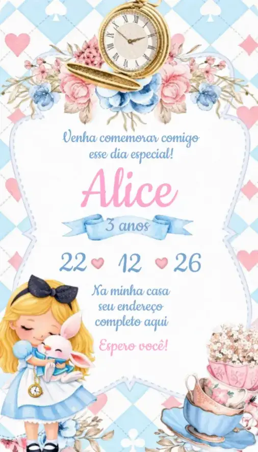 Convite Convite Alice no País das Maravilhas – tema Aniversário aquarela, fantasia, colorido, ilustrações lúdicas, estilo vintage, mundo mágico