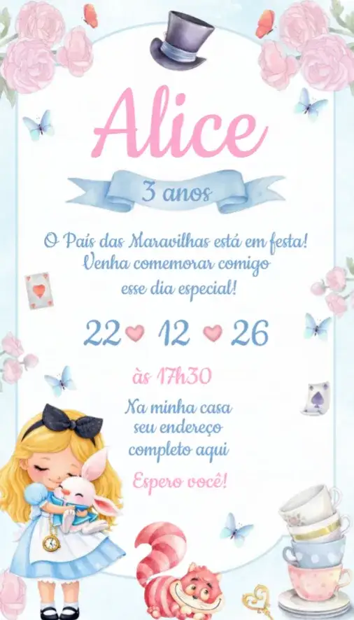Convite Convite Alice no País das Maravilhas – tema Aniversário colorido, lúdico, fantástico, ilustrações infantis, temática de conto de fadas
