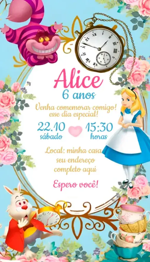 Convite Convite Alice no País das Maravilhas – tema Aniversário colorido, fantasia, lúdico, vintage, ilustrações de contos, estilo cartoon